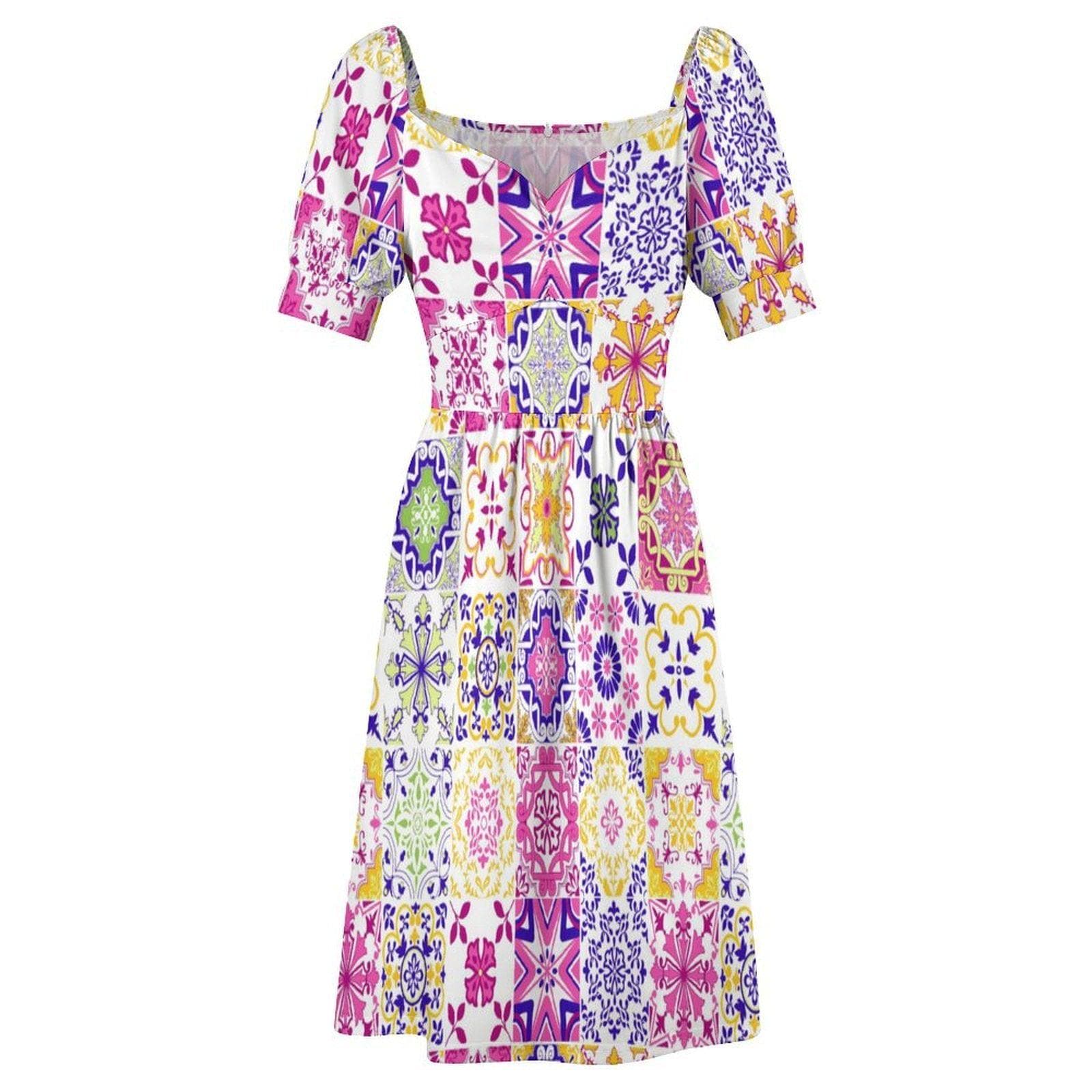 Tile Print Midi Dress, Mediterranean Puff Sleeve, Colorful Mosaic Vacation Outfit