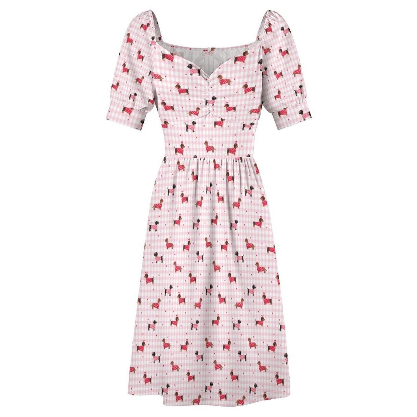 Pink Gingham Dachshund Midi Dress, Puff Sleeve Picnic Outfit, Dog Lover Fashion