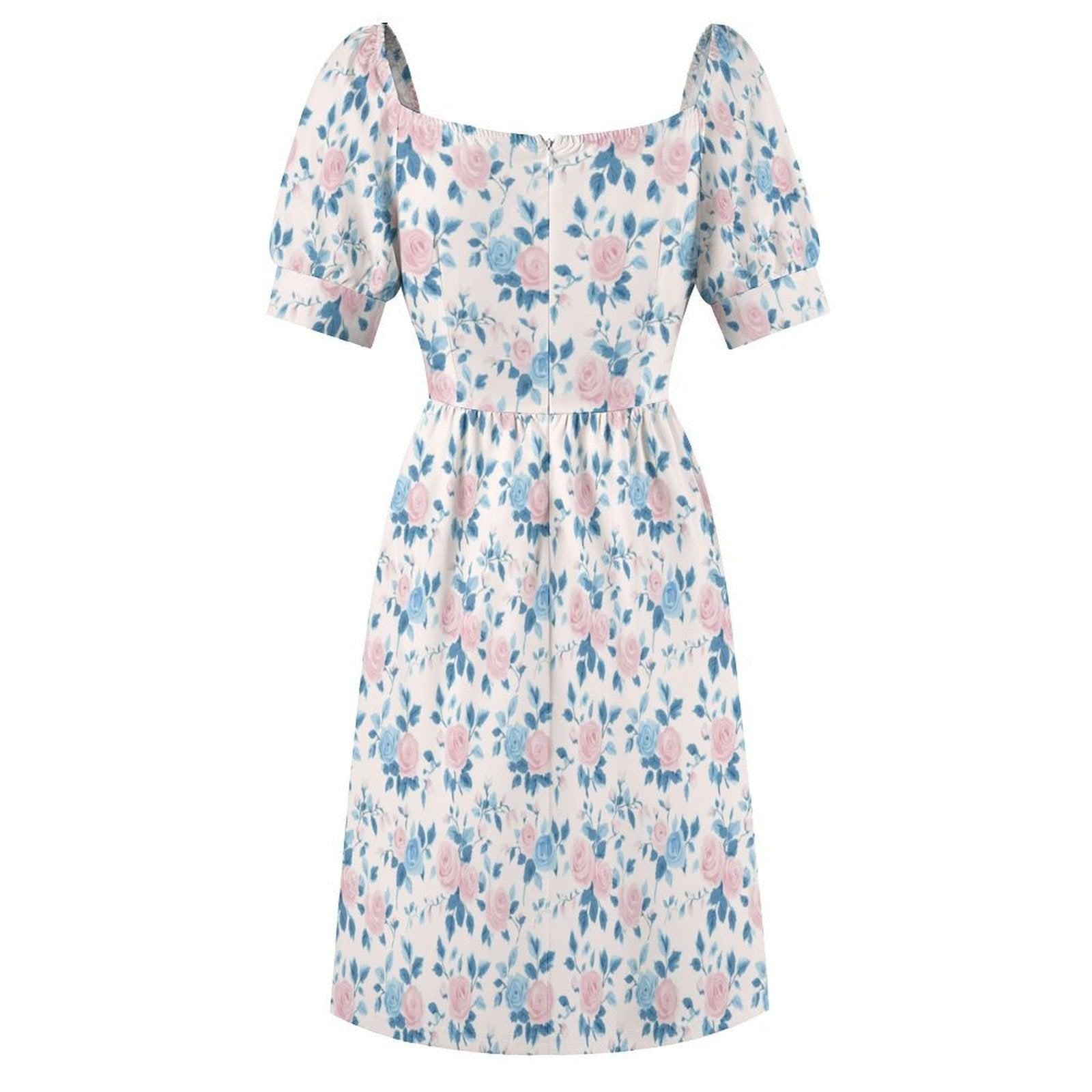 Baby Shower Guest Dress, Blue Floral Prairie Midi for Women, Feminine Sunday Best Outfit