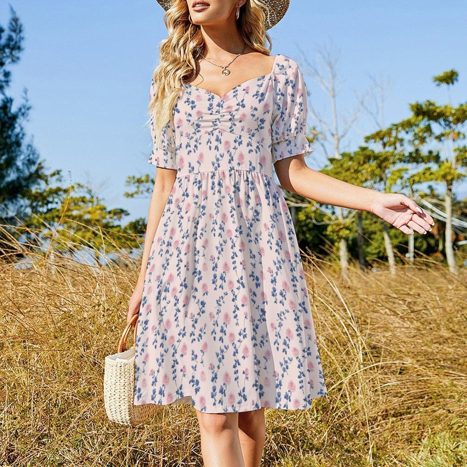 Blue Floral Tea Dress, Vintage Rose Sundress, French Country Cottage Dress
