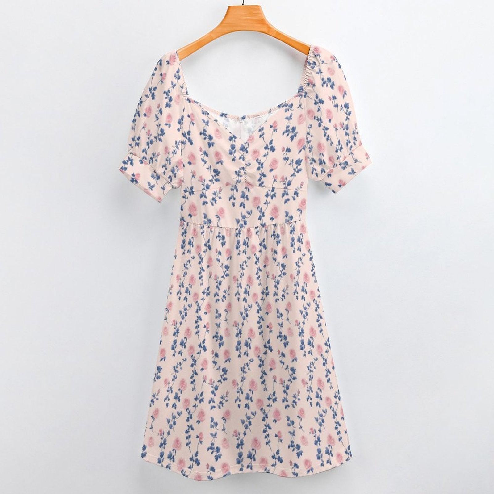 Blue Floral Tea Dress, Vintage Rose Sundress, French Country Cottage Dress