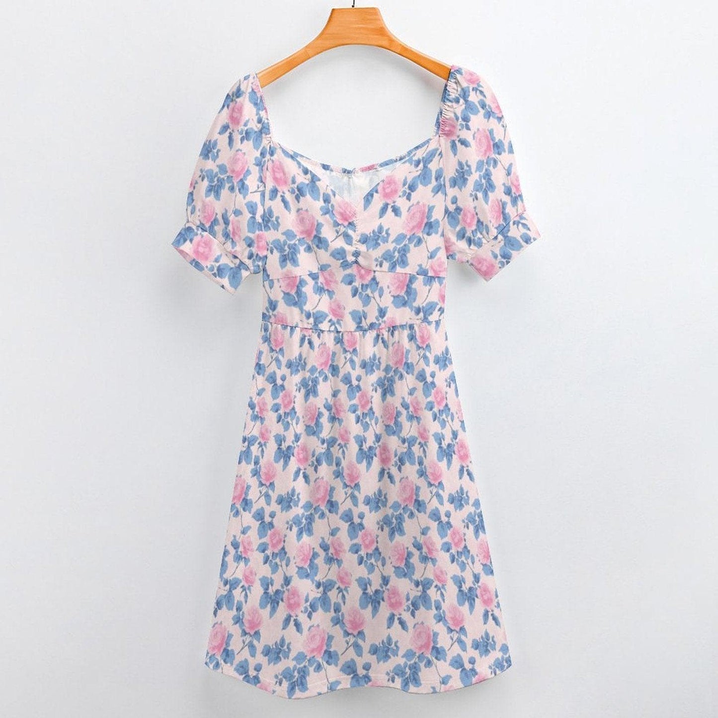 Pastel Floral Midi Dress, Puff Sleeve Sweetheart Neckline, Romantic Garden Party Outfit