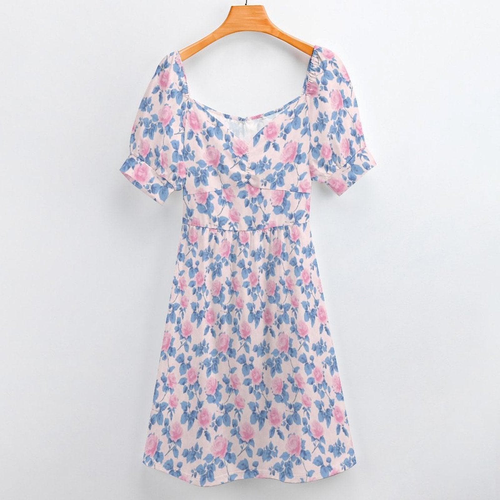 Pastel Floral Midi Dress, Puff Sleeve Sweetheart Neckline, Romantic Garden Party Outfit