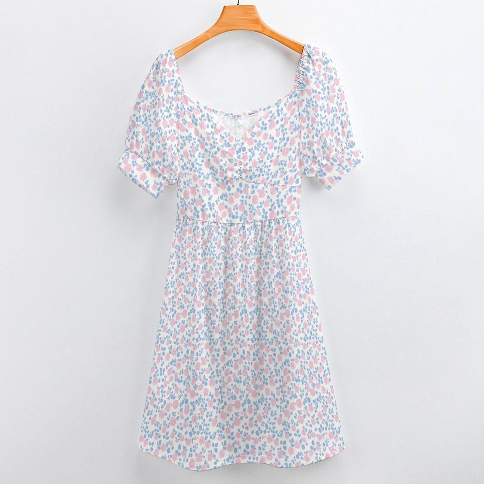 Pastel Floral Midi Dress, Puff Sleeve Tea Party Dress, Sweetheart Neck Sundress