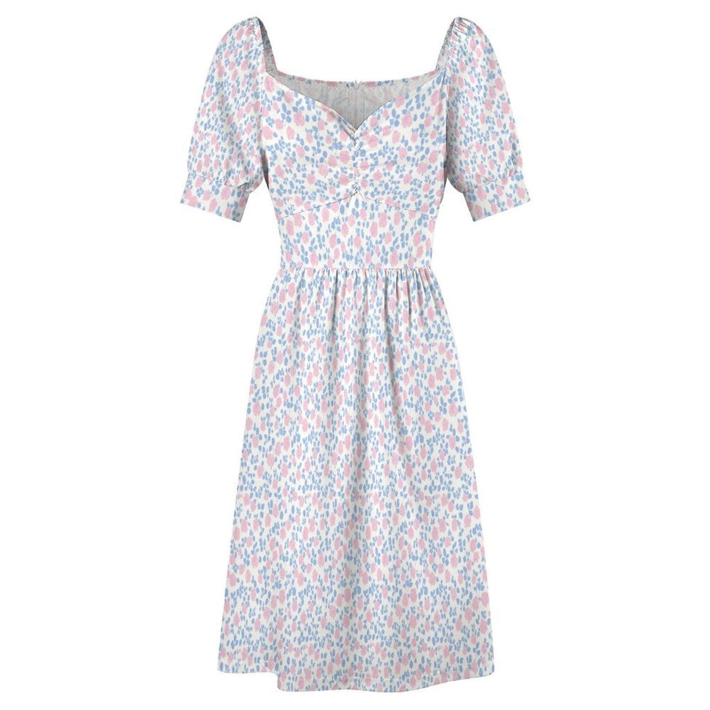 Pastel Floral Midi Dress, Puff Sleeve Tea Party Dress, Sweetheart Neck Sundress