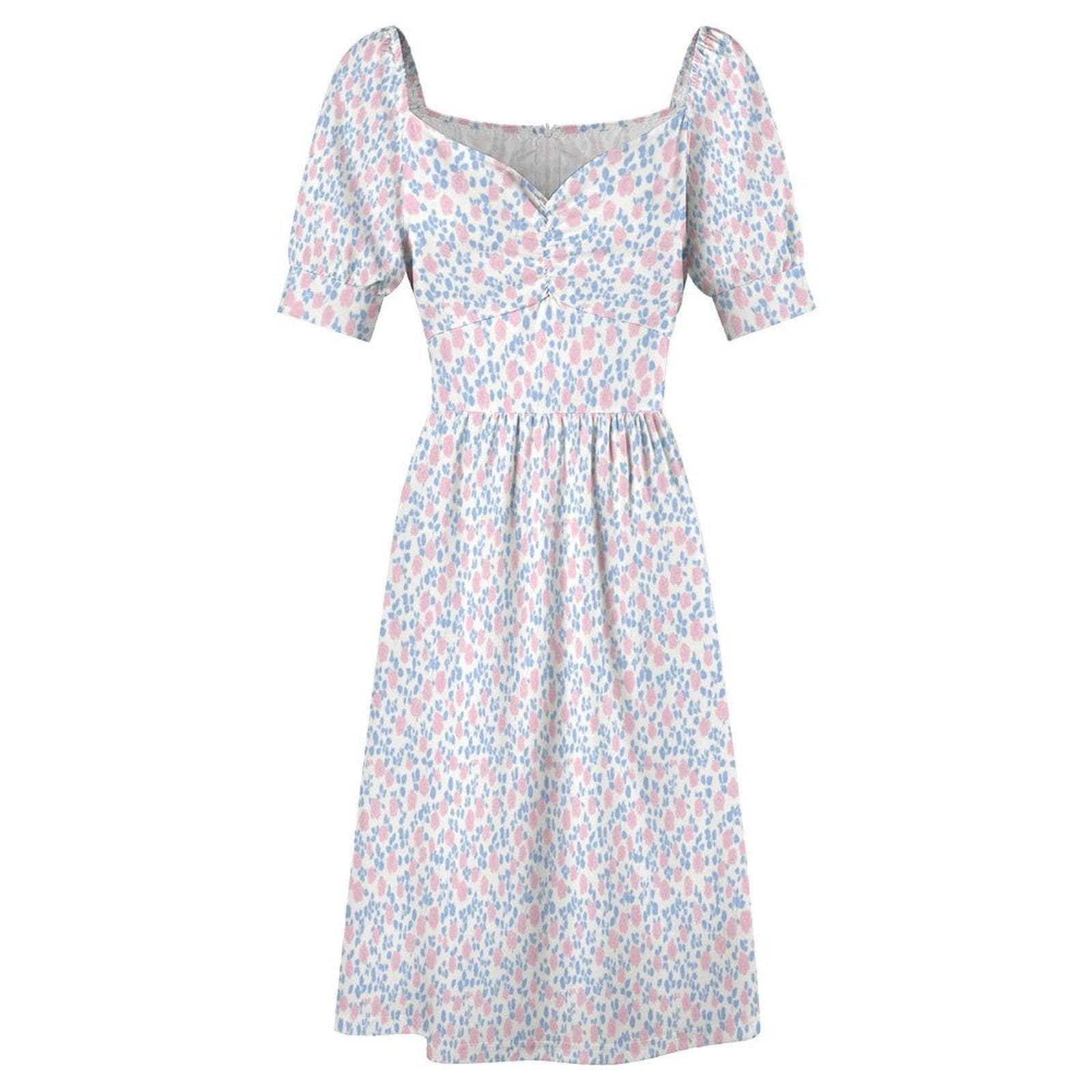 Pastel Floral Midi Dress, Puff Sleeve Tea Party Dress, Sweetheart Neck Sundress