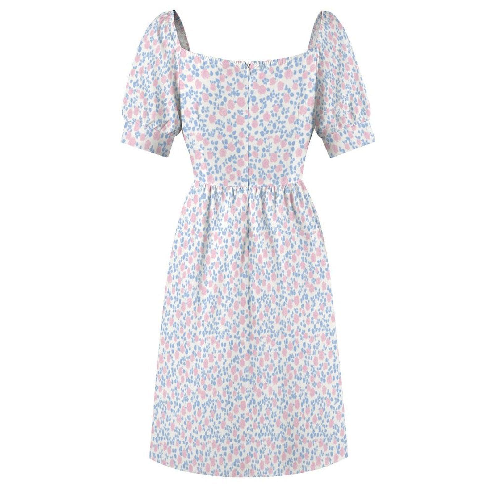 Pastel Floral Midi Dress, Puff Sleeve Tea Party Dress, Sweetheart Neck Sundress