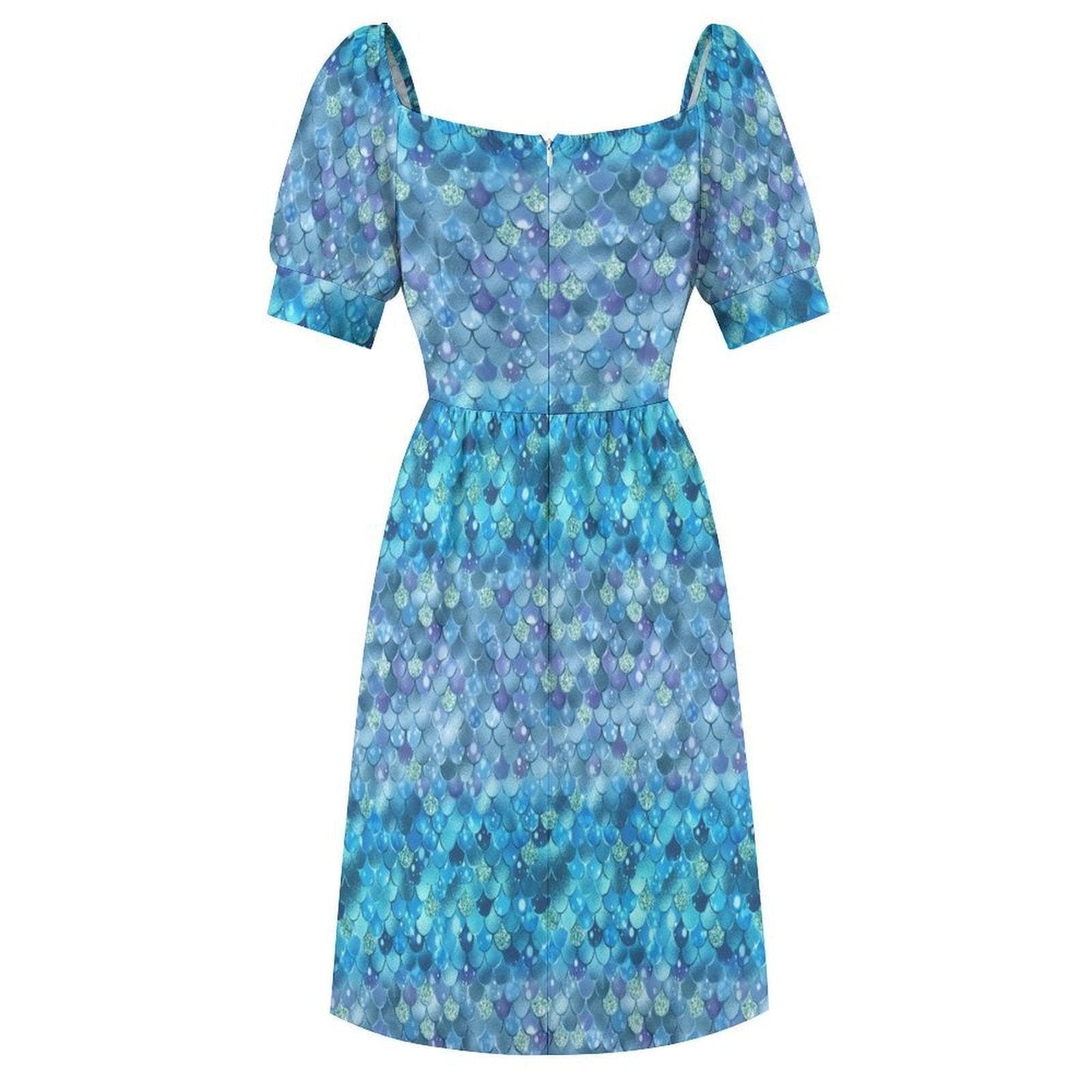 Blue Mermaid Scale Midi Dress, Sweetheart Puff Sleeve, Coastal Fantasy Outfit