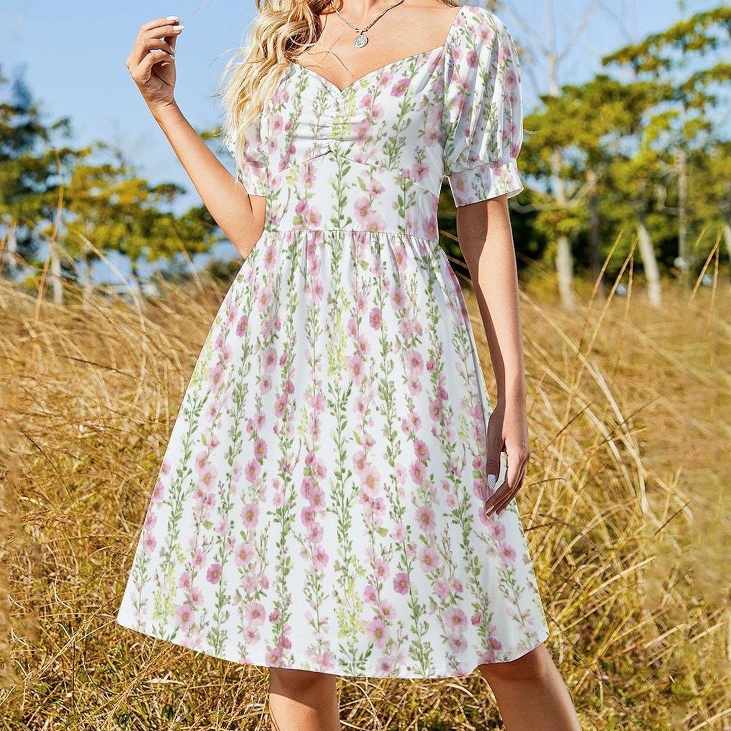 Pink Prairie Dress, Sweetheart Floral Dress, Puff Sleeve Spring Picnic Outfit
