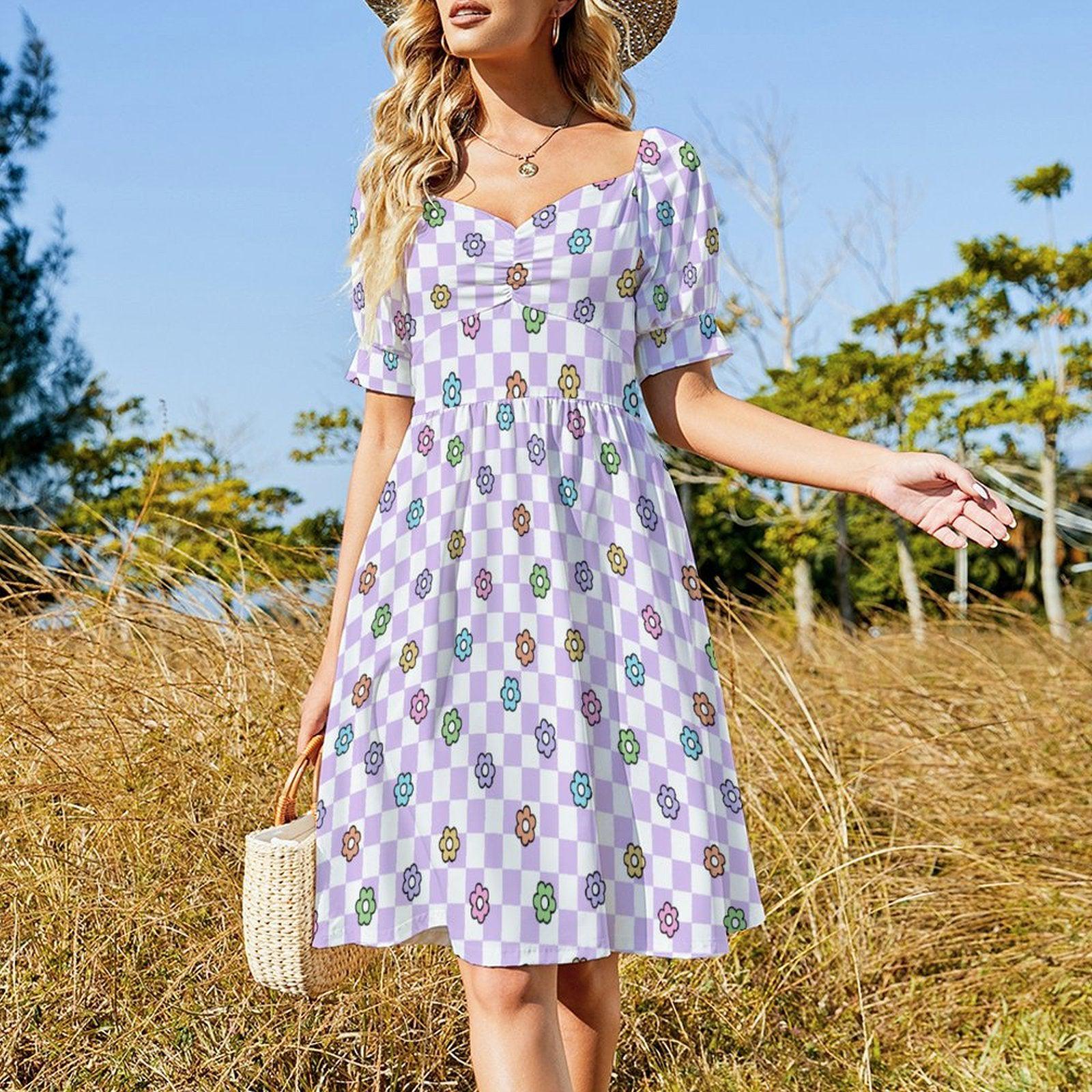 Lavender Checkerboard Dress, Groovy Daisy Midi for Picnic Dates and Spring Parties