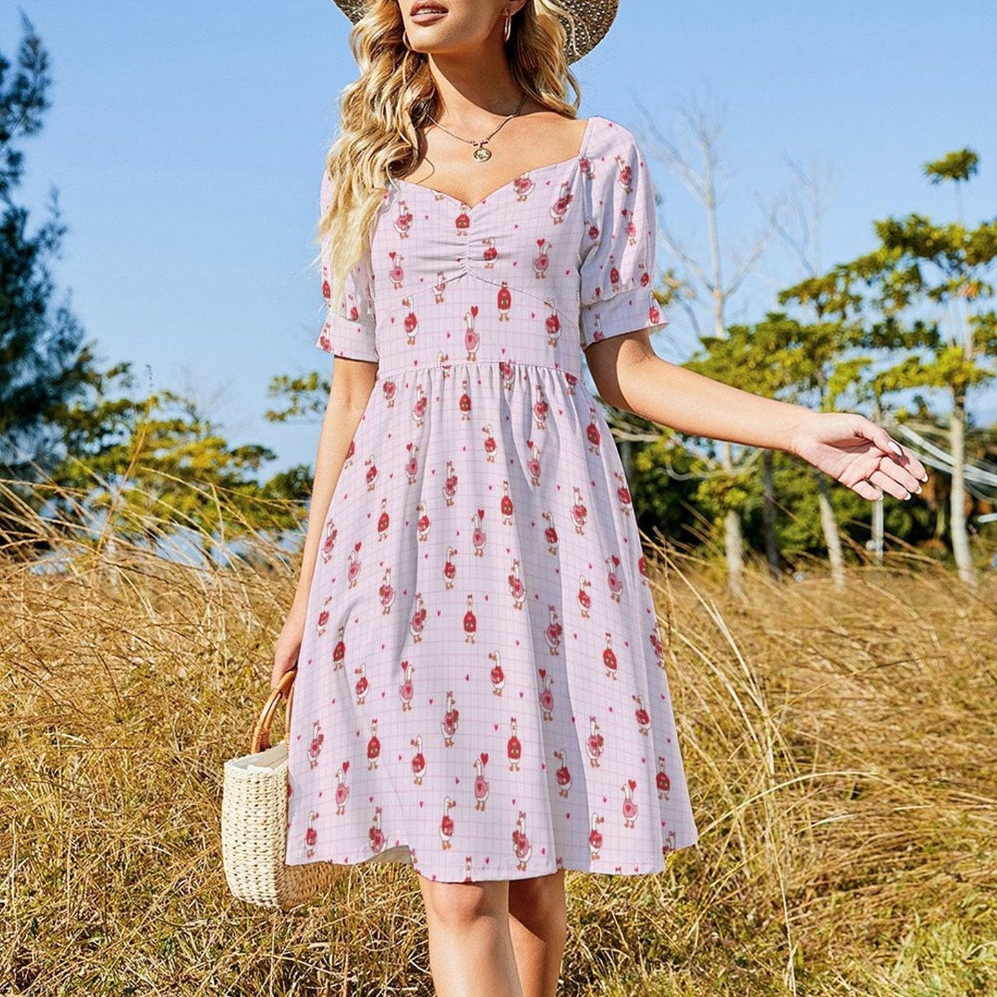 Coquette Sundress, Pink Heart Print Dress, Romantic Fit and Flare Valentine Outfit