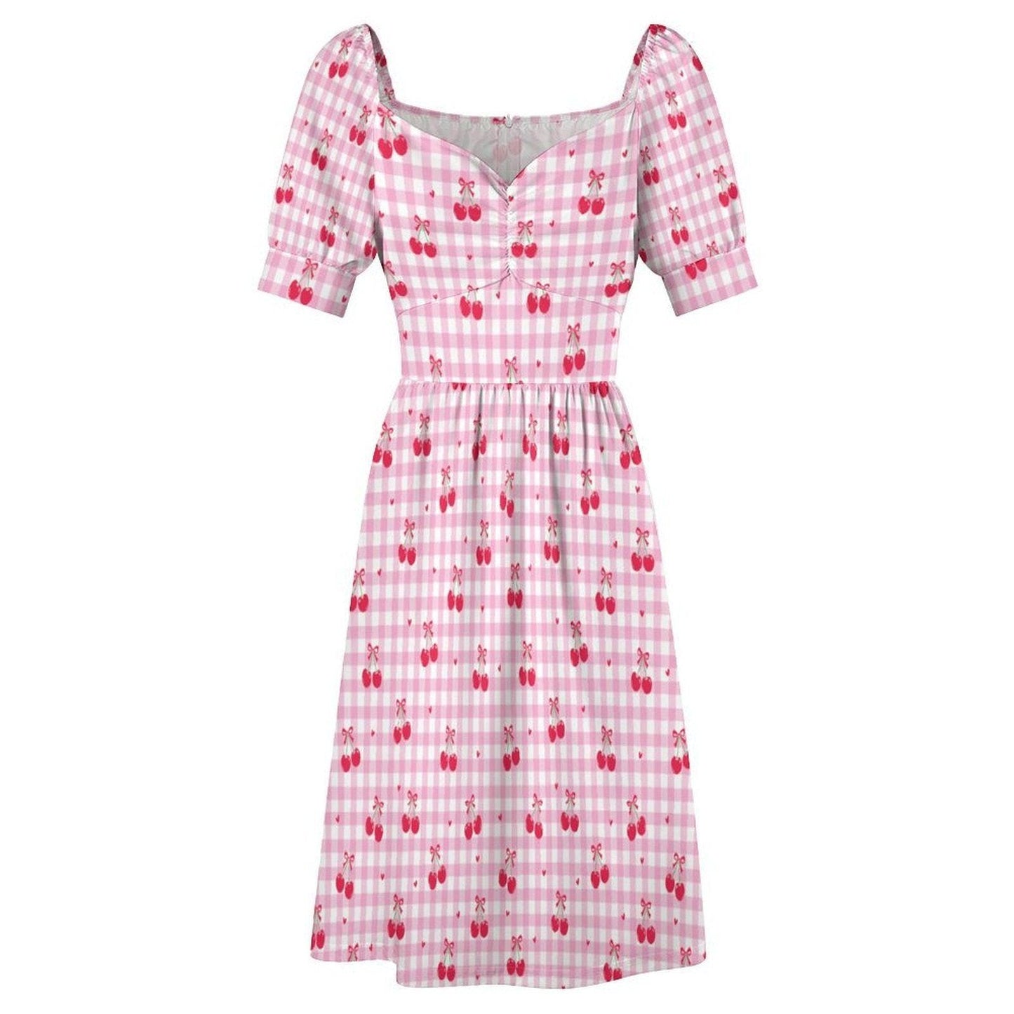 Pink Gingham Cherry Print Babydoll Dress, Summer Cottagecore Puff Sleeve Picnic Outfit