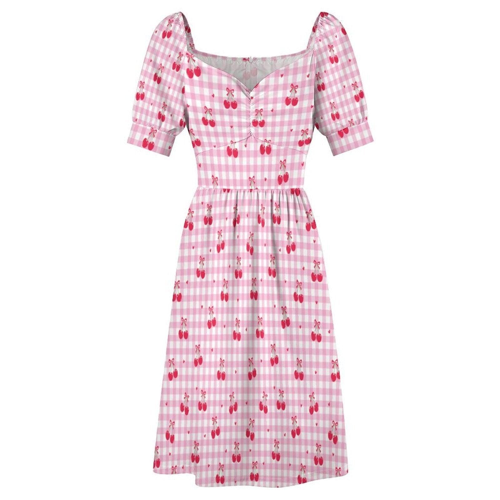 Pink Gingham Cherry Print Babydoll Dress, Summer Cottagecore Puff Sleeve Picnic Outfit