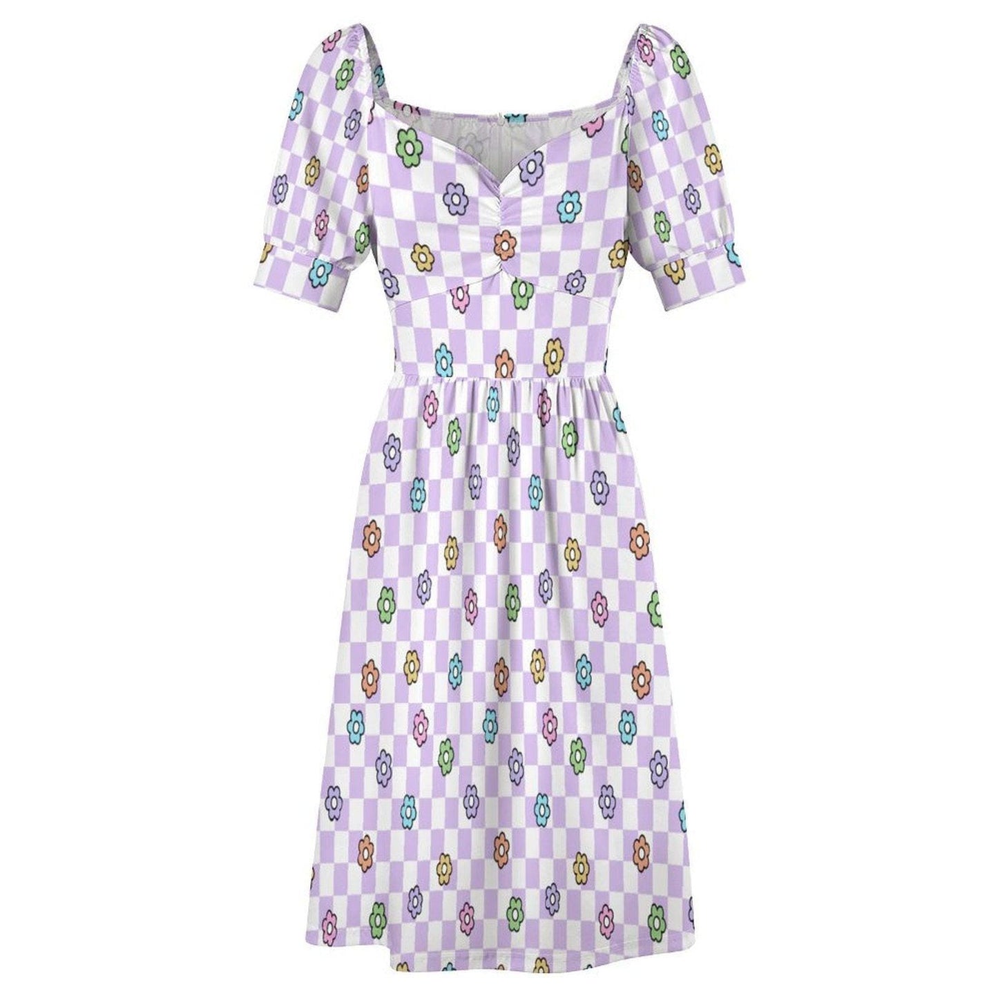 Lavender Checkerboard Dress, Groovy Daisy Midi for Picnic Dates and Spring Parties