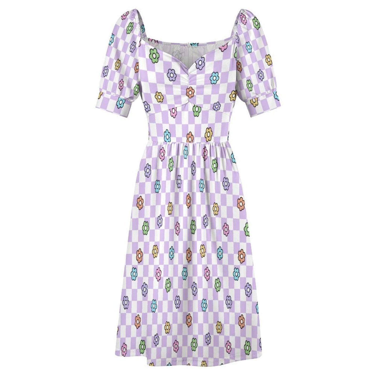 Lavender Checkerboard Dress, Groovy Daisy Midi for Picnic Dates and Spring Parties
