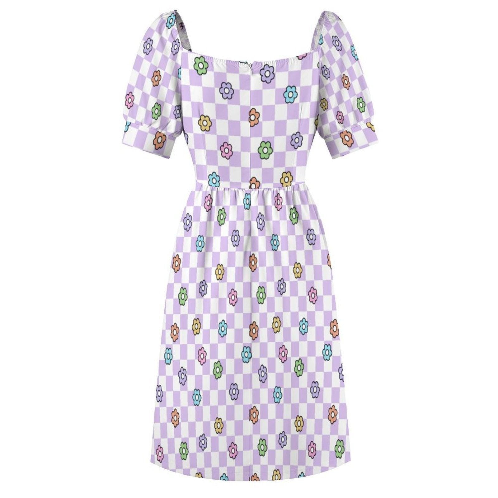 Lavender Checkerboard Dress, Groovy Daisy Midi for Picnic Dates and Spring Parties