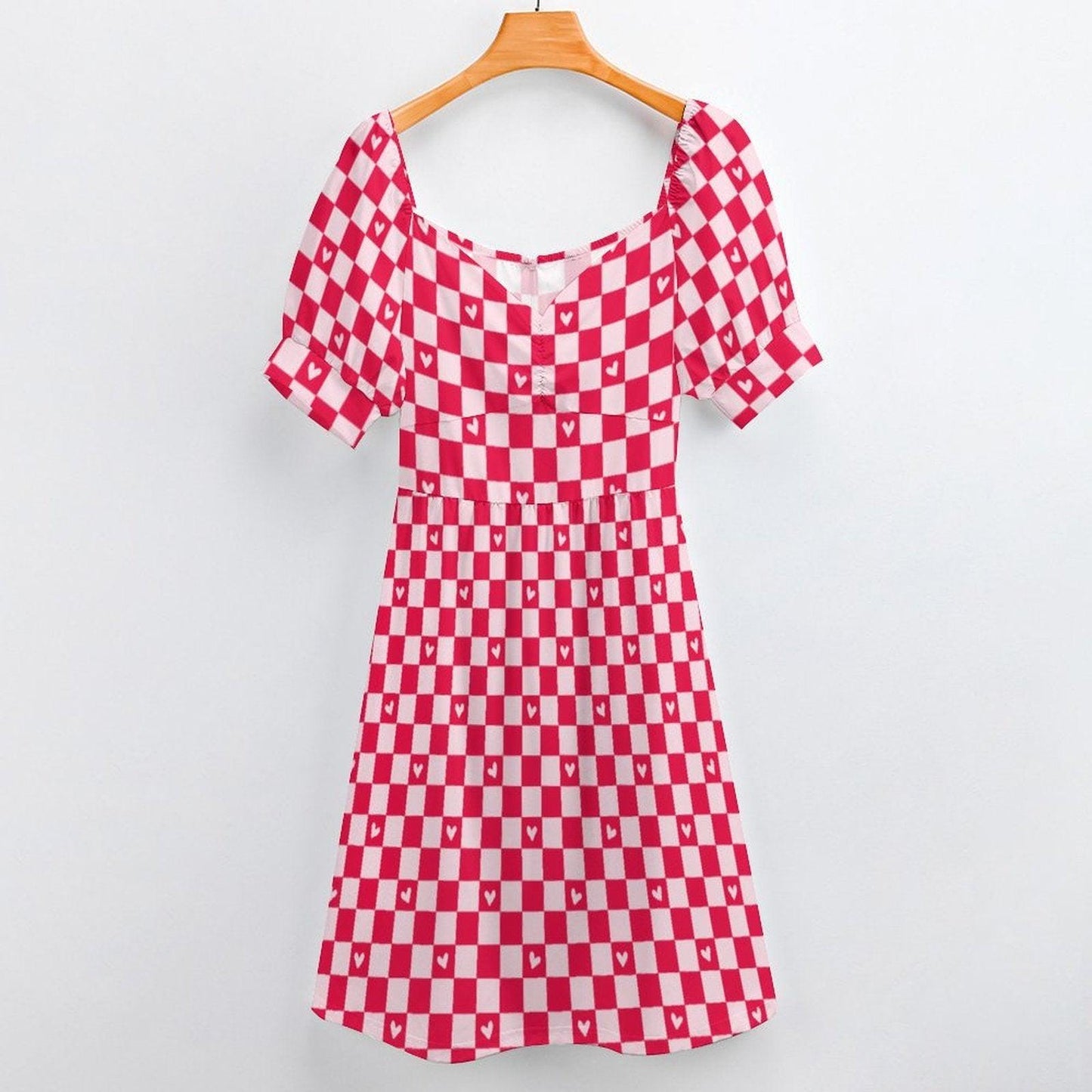 Valentine Check Dress, Pink Heart Pattern Dress, Retro Sweet Date Outfit