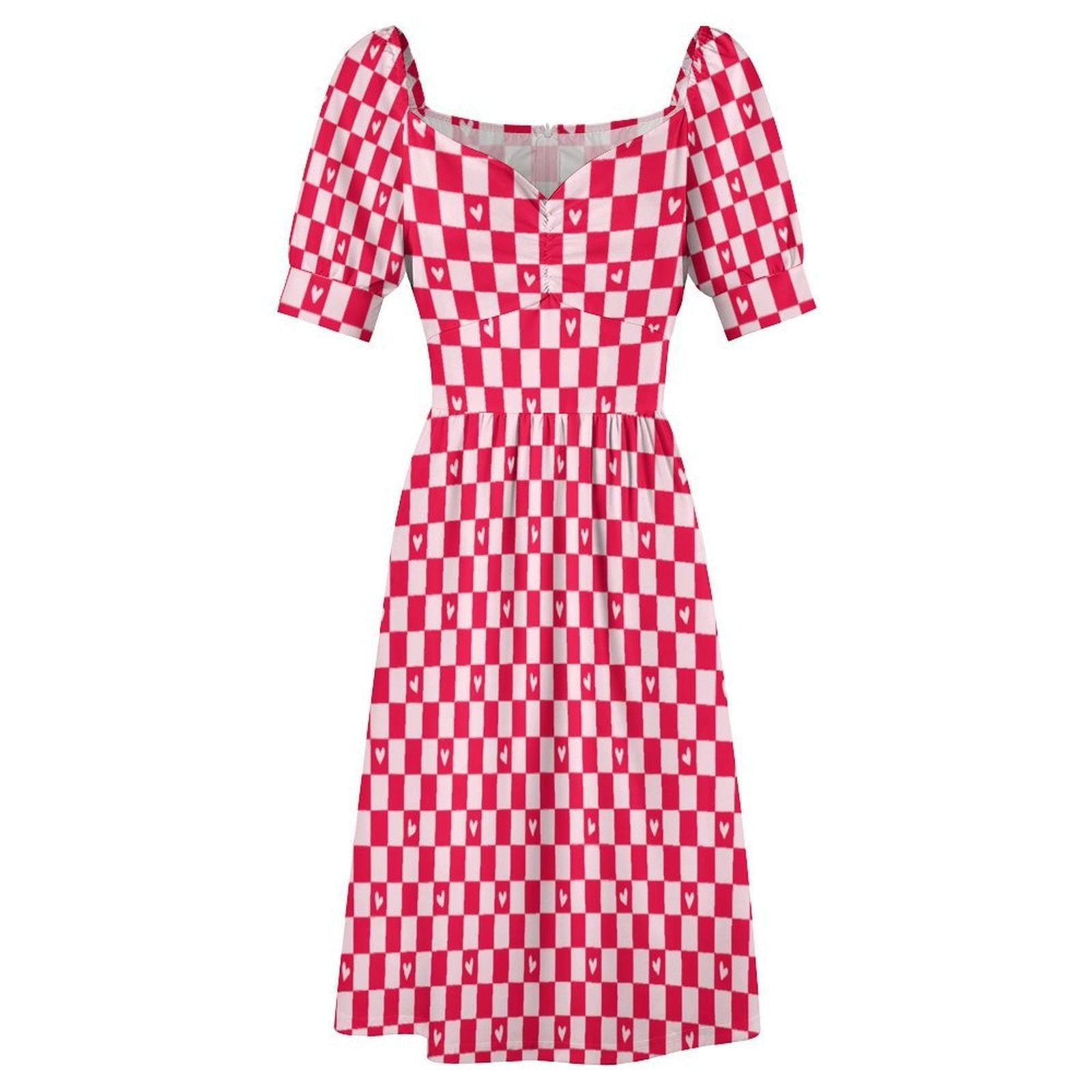 Valentine Check Dress, Pink Heart Pattern Dress, Retro Sweet Date Outfit