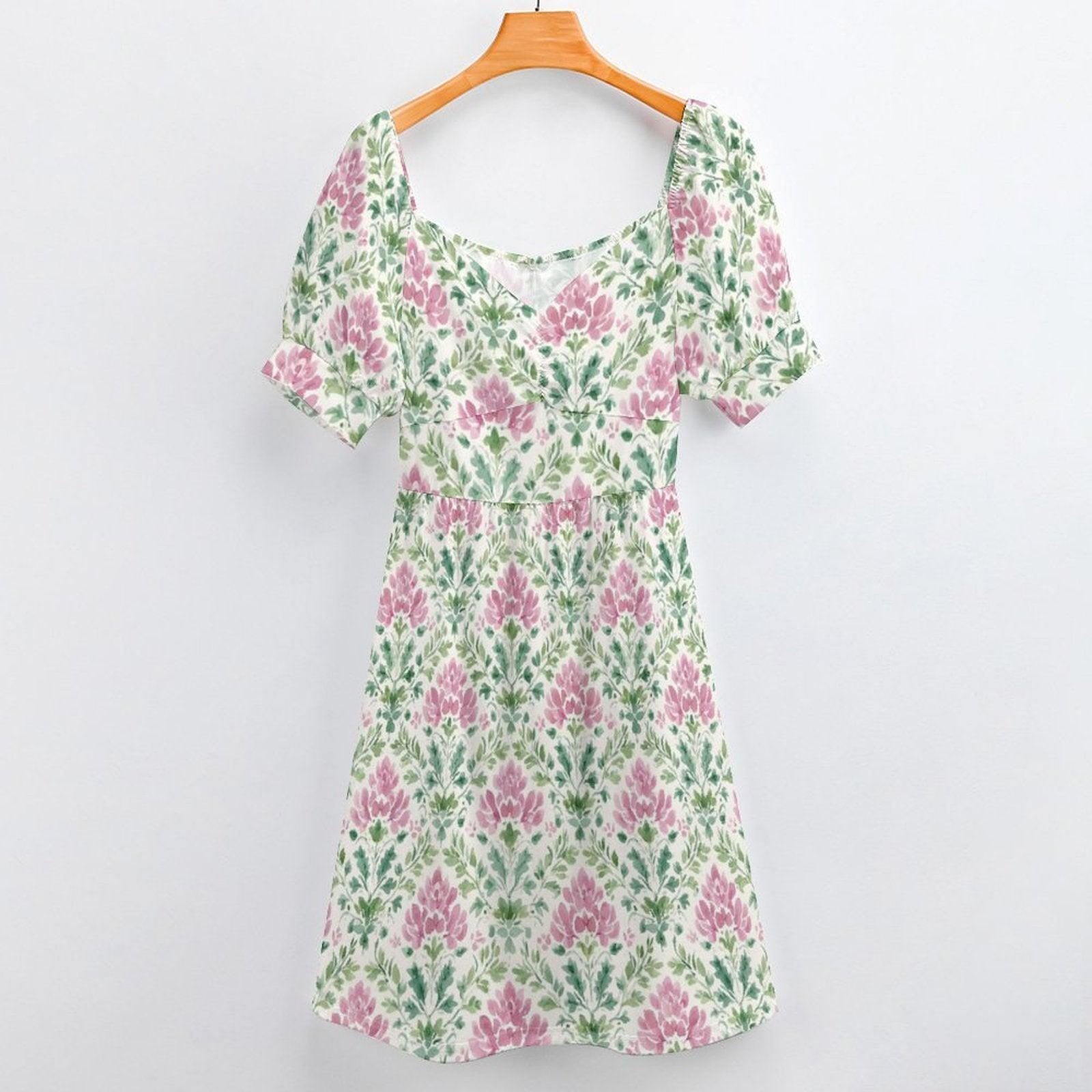 Boho Block Print Dress, Pink Green Prairie Sundress, Sweetheart Neck Summer Dress