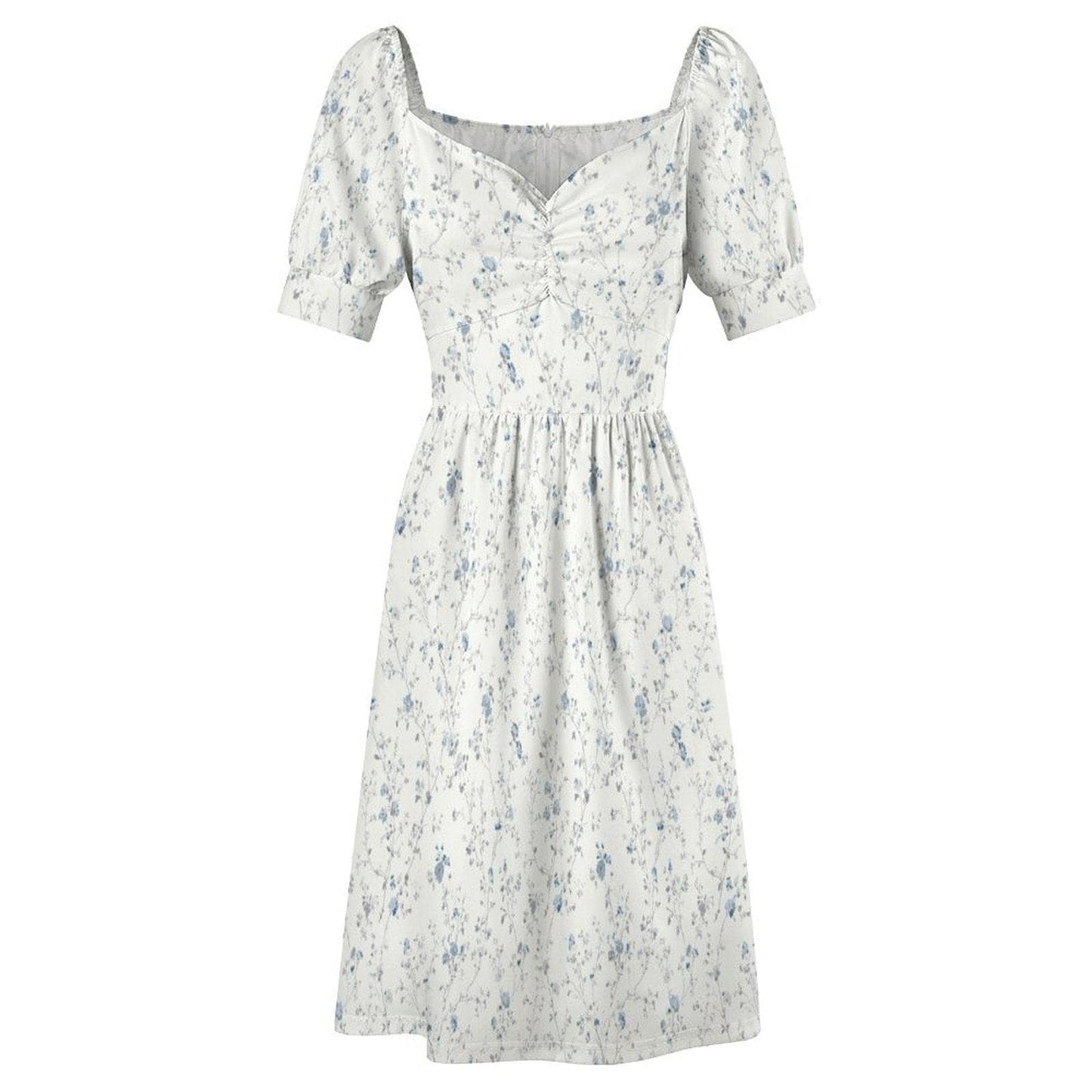 Blue Ditsy Floral Midi Dress, Puff Sleeve Romantic Summer Garden Party Outfit