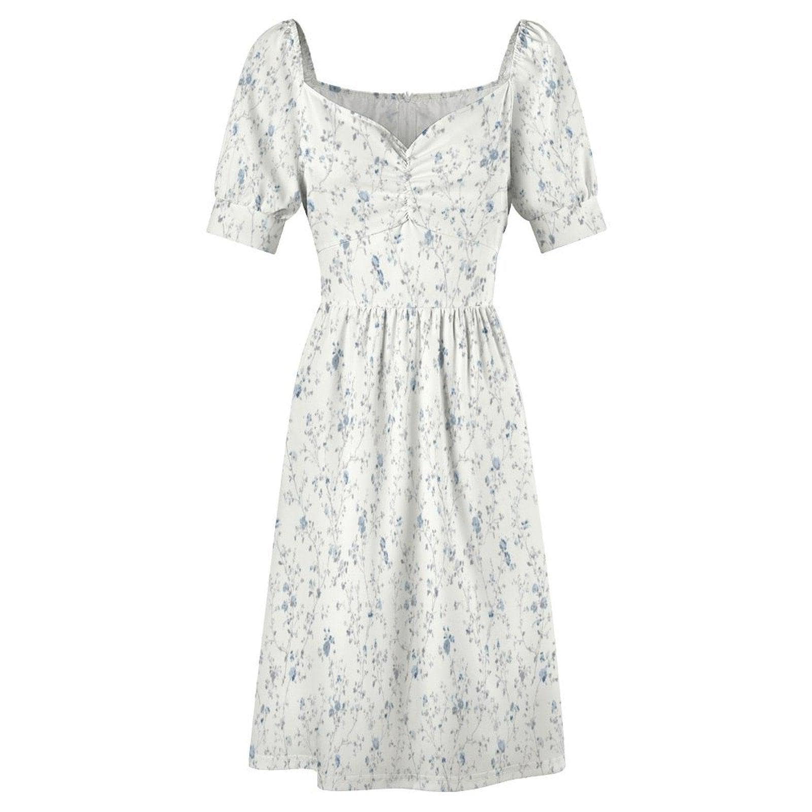 Blue Ditsy Floral Midi Dress, Puff Sleeve Romantic Summer Garden Party Outfit