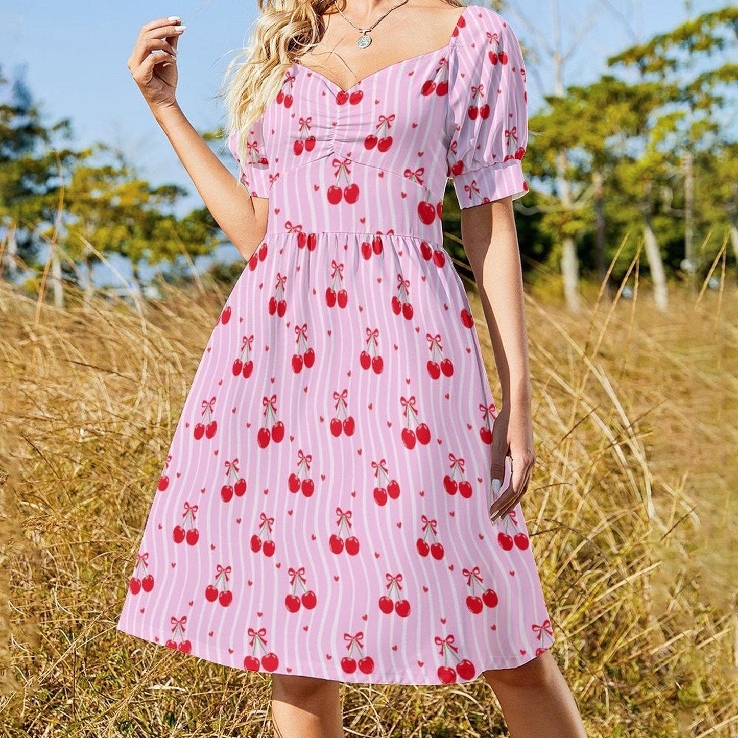 Pink Cherry Print Puff Sleeve Dress, Sweetheart Neckline Picnic Outfit