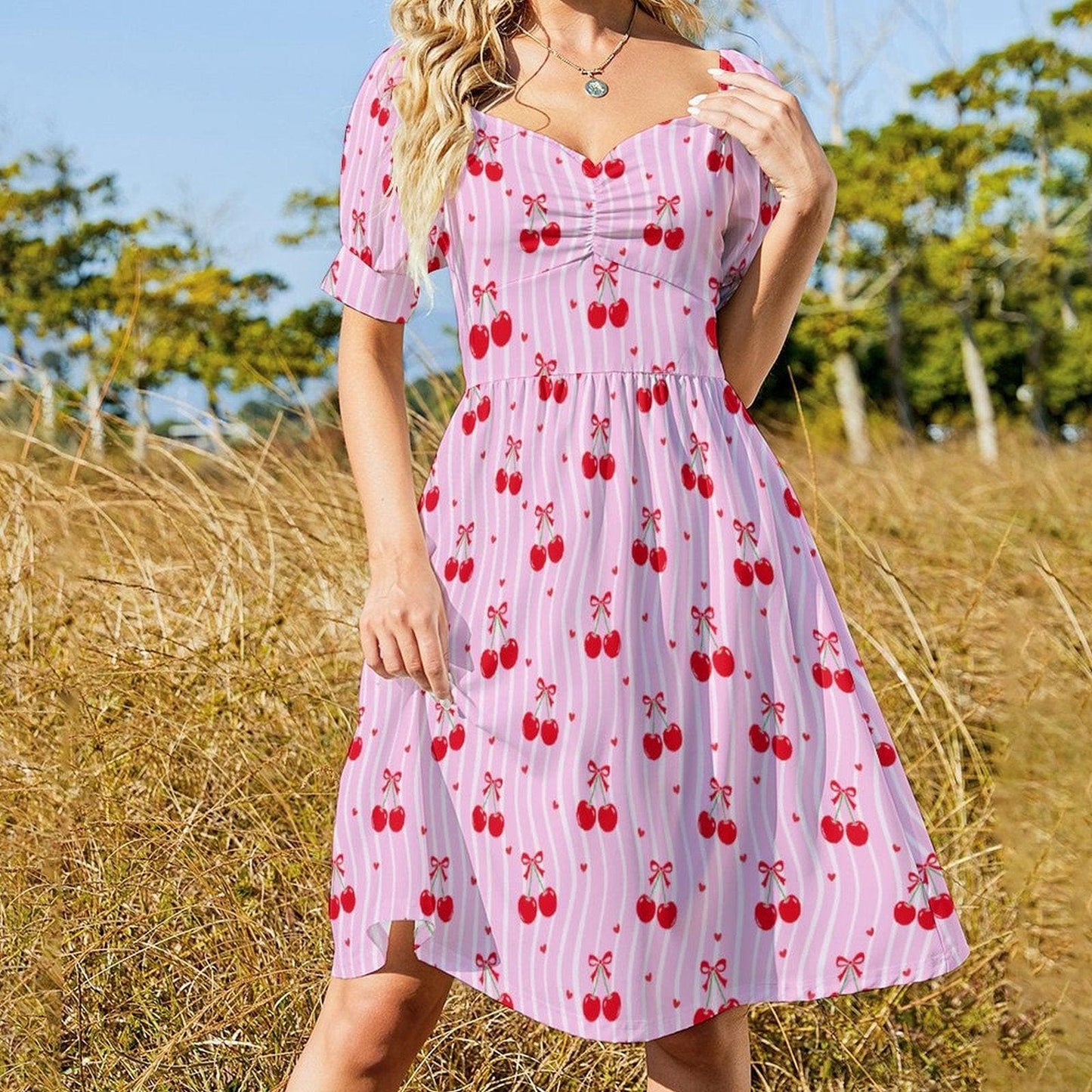 Pink Cherry Print Puff Sleeve Dress, Sweetheart Neckline Picnic Outfit