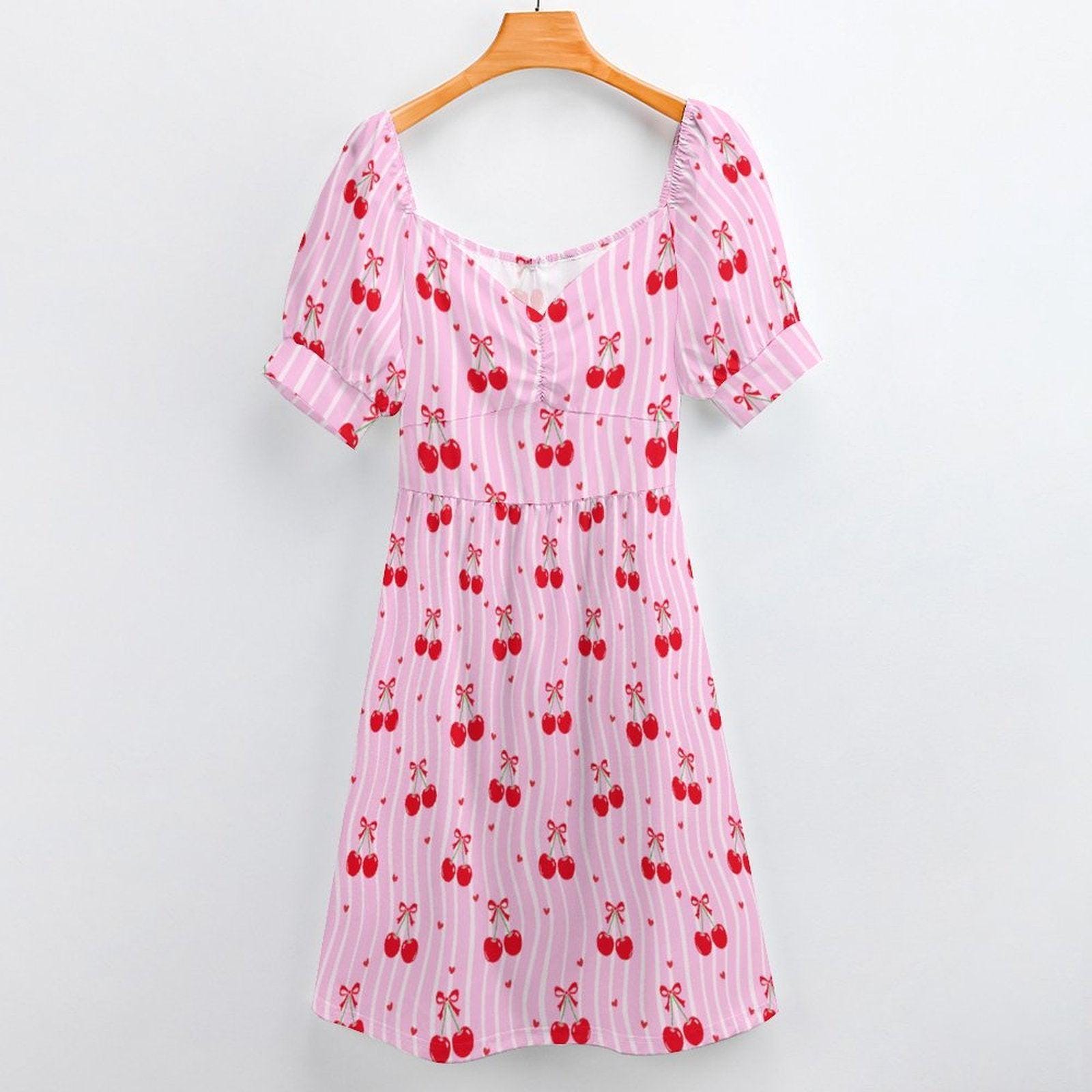Pink Cherry Print Puff Sleeve Dress, Sweetheart Neckline Picnic Outfit