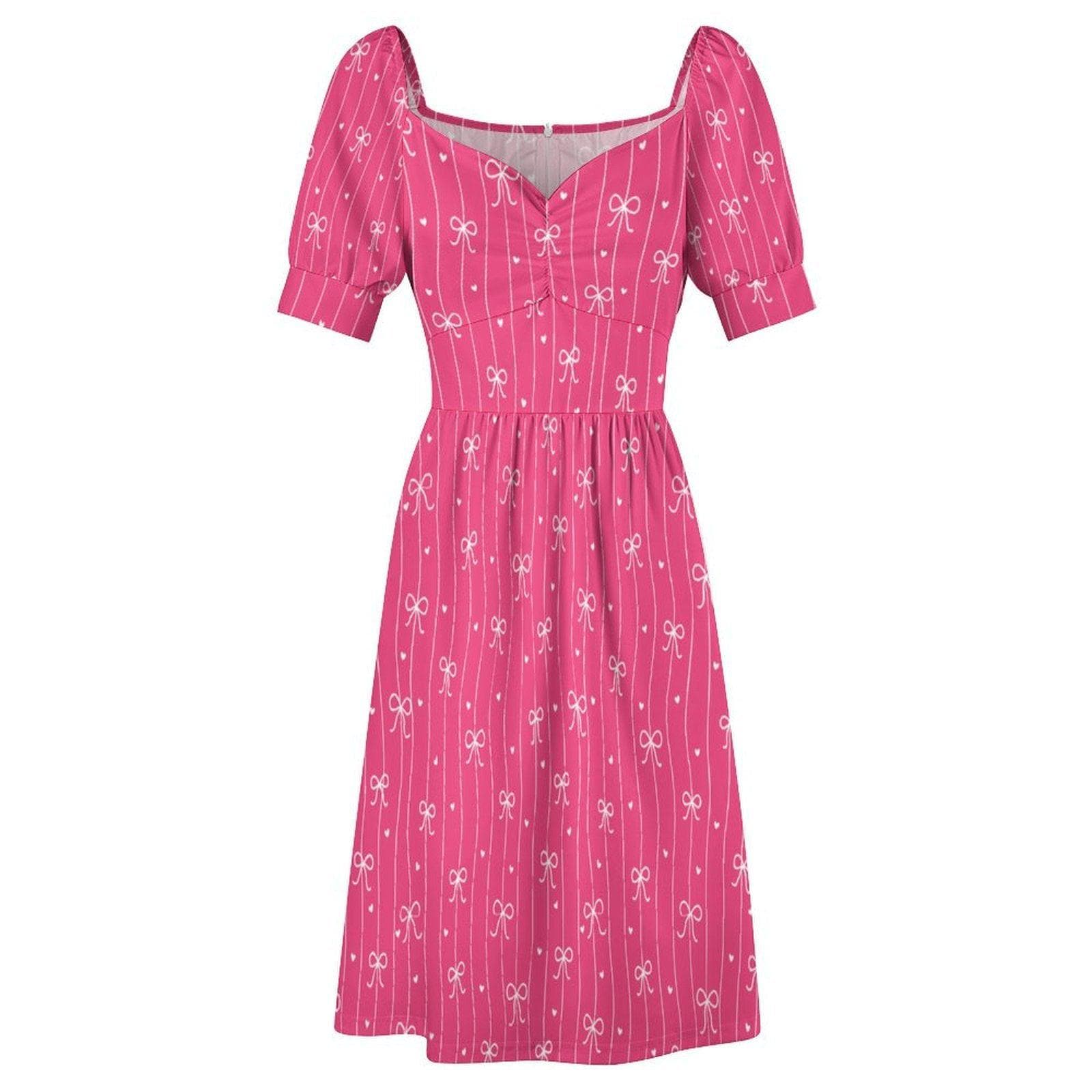 Pink Bow Dress, Bow Stripe Fit and Flare Dress, Feminine Date Night Outfit