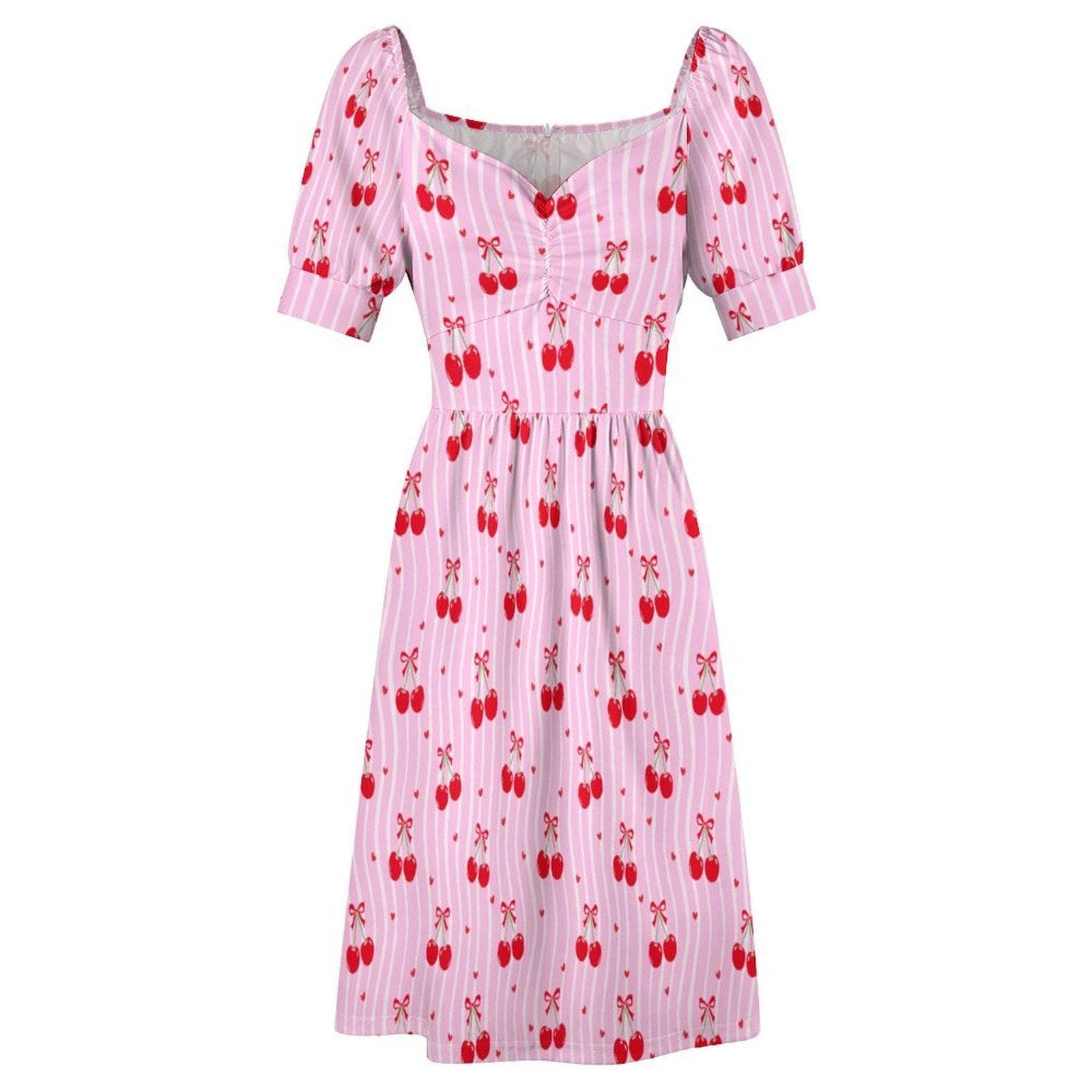 Pink Cherry Print Puff Sleeve Dress, Sweetheart Neckline Picnic Outfit
