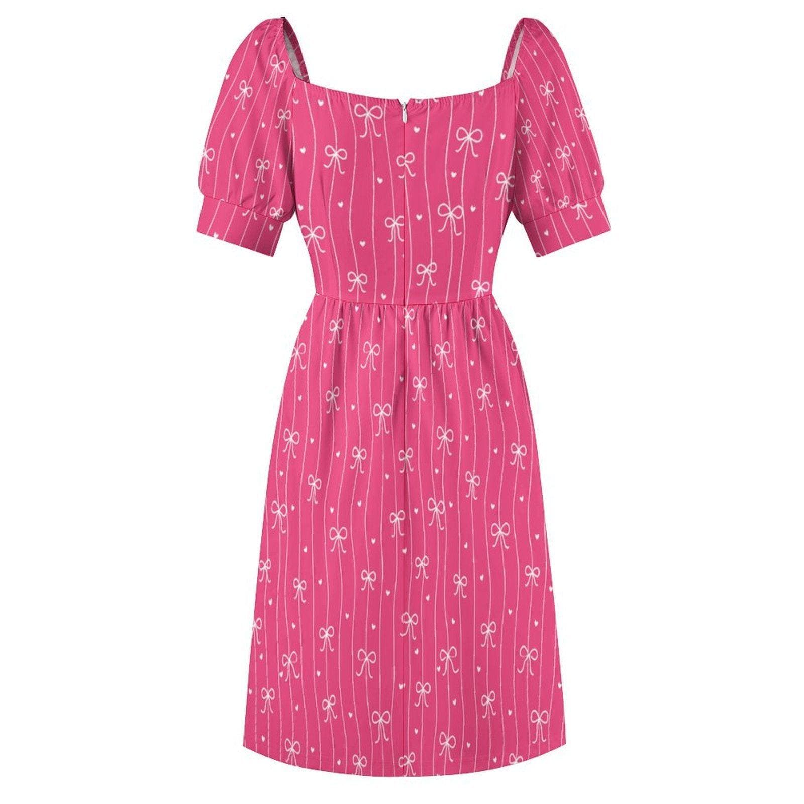 Pink Bow Dress, Bow Stripe Fit and Flare Dress, Feminine Date Night Outfit