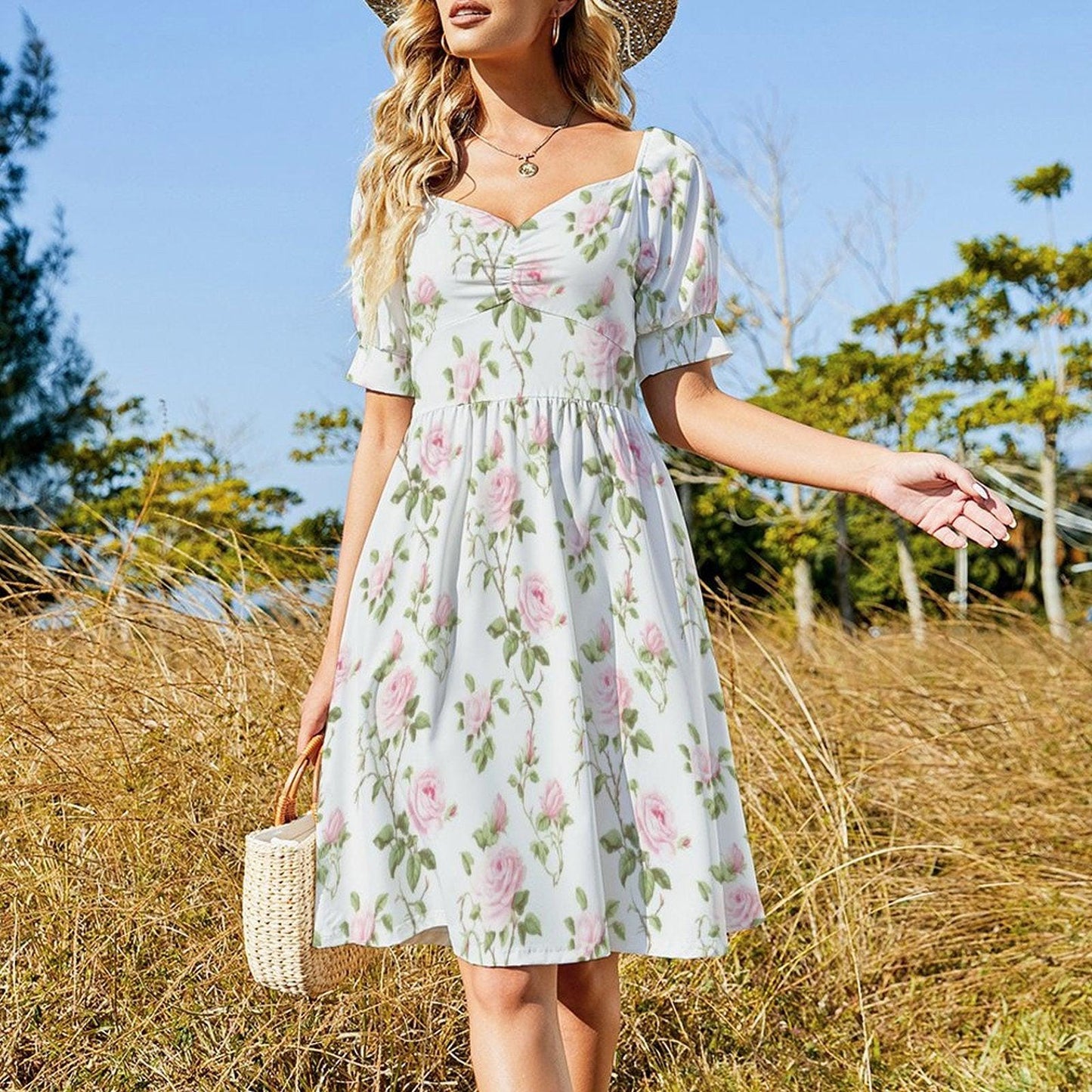 Coquette Floral Midi Dress, Pink Rose Bow Puff Sleeve Sundress, Cottagecore Tea Dress