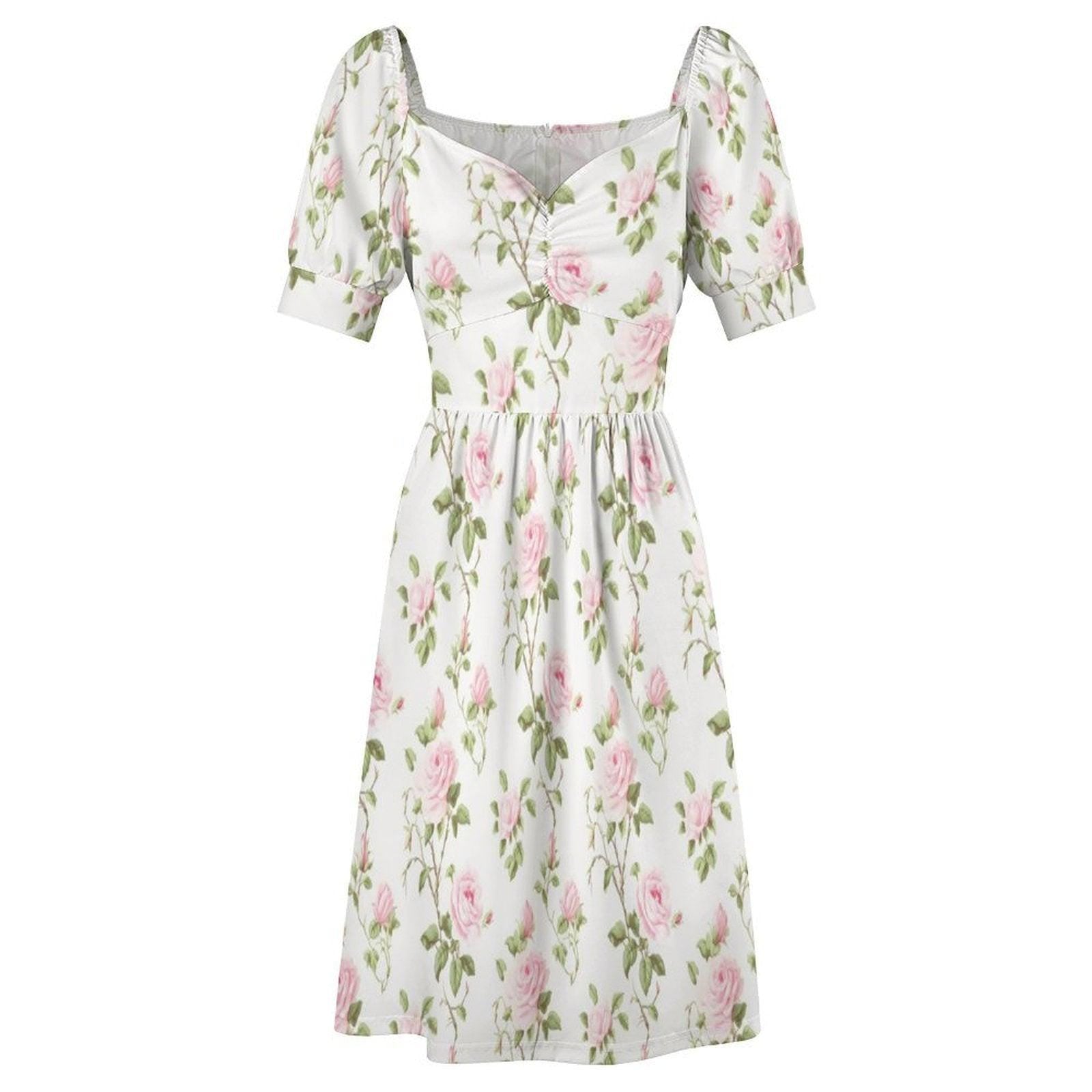 Coquette Floral Midi Dress, Pink Rose Bow Puff Sleeve Sundress, Cottagecore Tea Dress