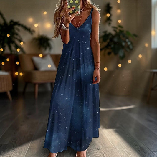 Galaxy night dress, Dark starry maxi, Witchcore summer outfit, Celestial print sundress, Cosmic sky fashion, Moonlit night gown, Star field