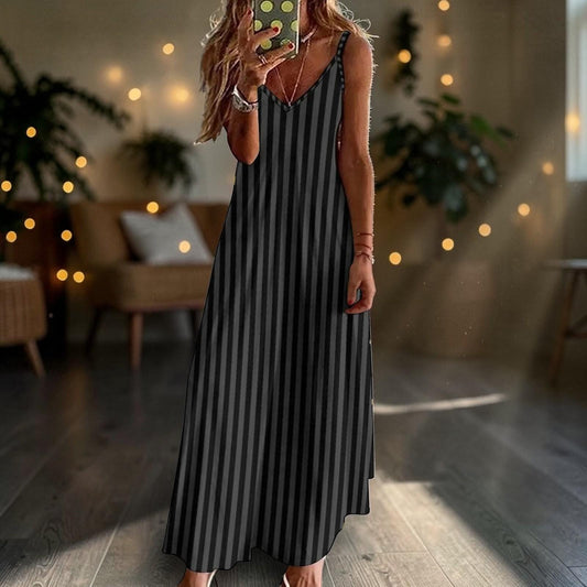 Black striped dress, gothic slip style maxi dress, dark aesthetic summer fashion, witchy long cami dress for edgy style lovers, alt wardrobe