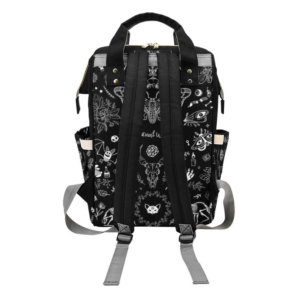 Black Witchy Diaper Bag Backpack, Gothic Moth and Bone Print Baby Bag, Spooky Cute Mom Organizer