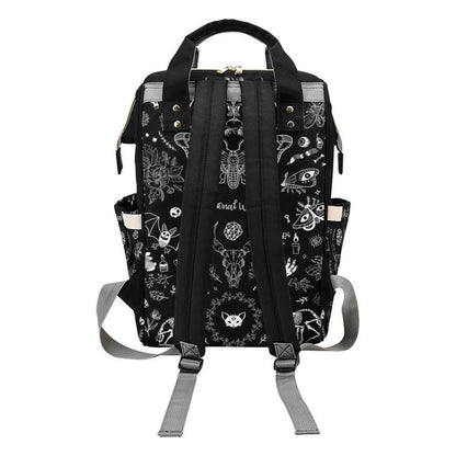 Black Witchy Diaper Bag Backpack, Gothic Moth and Bone Print Baby Bag, Spooky Cute Mom Organizer