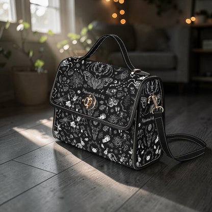 Goth moth-print handbag with its shoulder strap attached