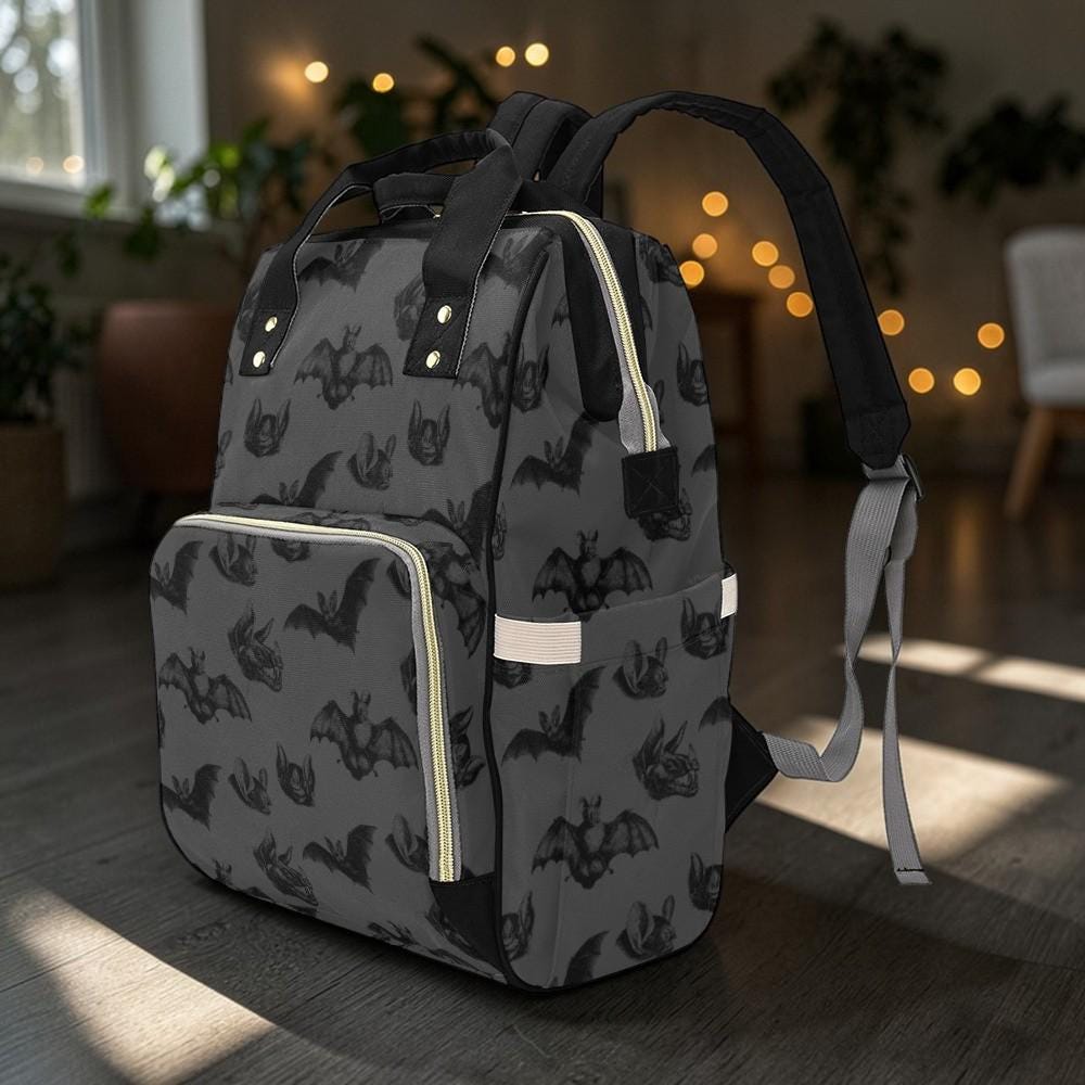 Black Bat Diaper Bag Backpack, Spooky Cute Baby Organizer, Travel Mom Backpack, Stroller Friendly