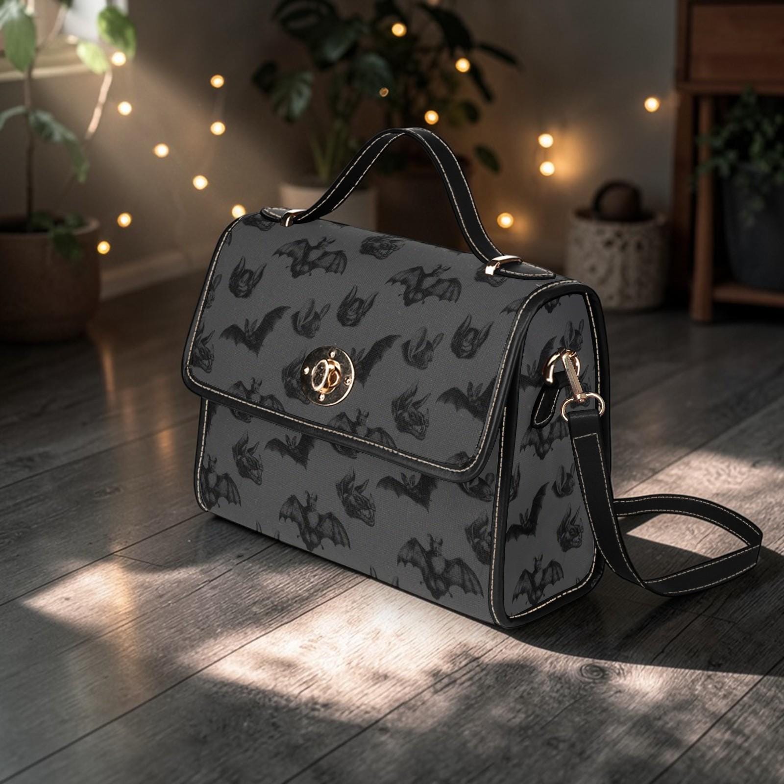 Gothic Bat Print Top Handle Bag, Spooky Cute Structured Shoulder Purse, Halloween Dark Neutral Satchel