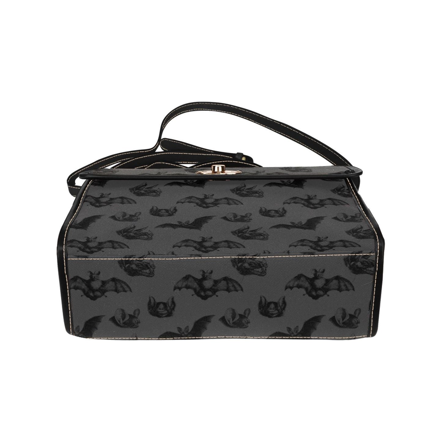 Gothic Bat Print Top Handle Bag, Spooky Cute Structured Shoulder Purse, Halloween Dark Neutral Satchel