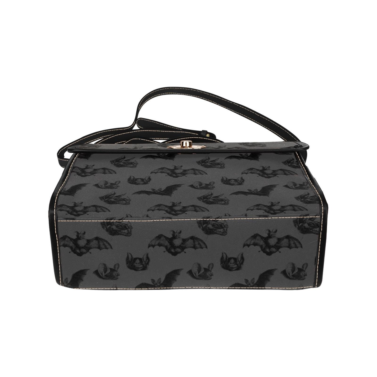 Gothic Bat Print Top Handle Bag, Spooky Cute Structured Shoulder Purse, Halloween Dark Neutral Satchel