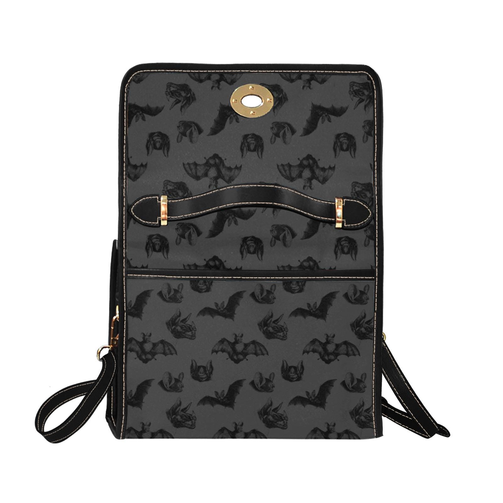 Gothic Bat Print Top Handle Bag, Spooky Cute Structured Shoulder Purse, Halloween Dark Neutral Satchel