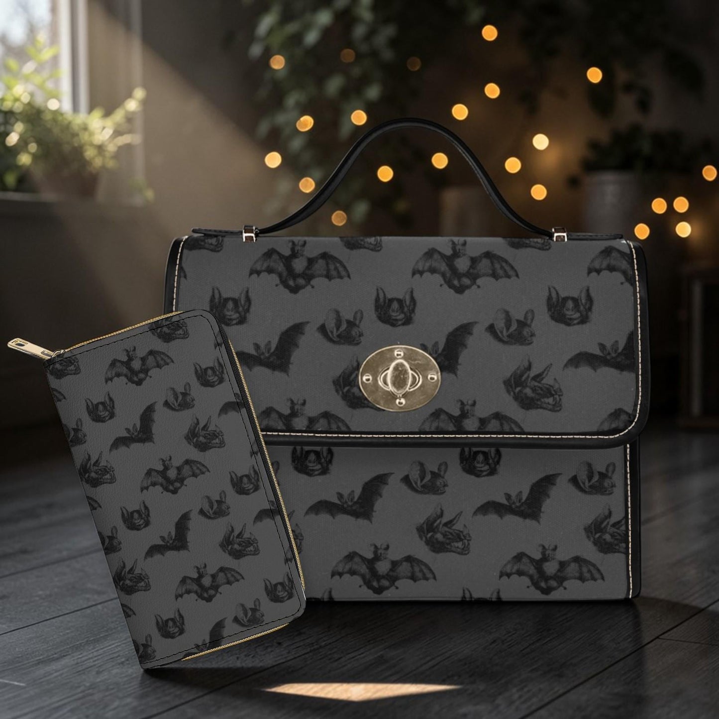 Gothic Bat Print Top Handle Bag, Spooky Cute Structured Shoulder Purse, Halloween Dark Neutral Satchel