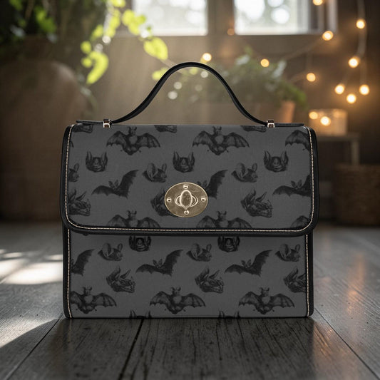 Black Bat Satchel Purse, Gothic Style Handbag, Dark Print Everyday Shoulder Bag, Halloween Accessory