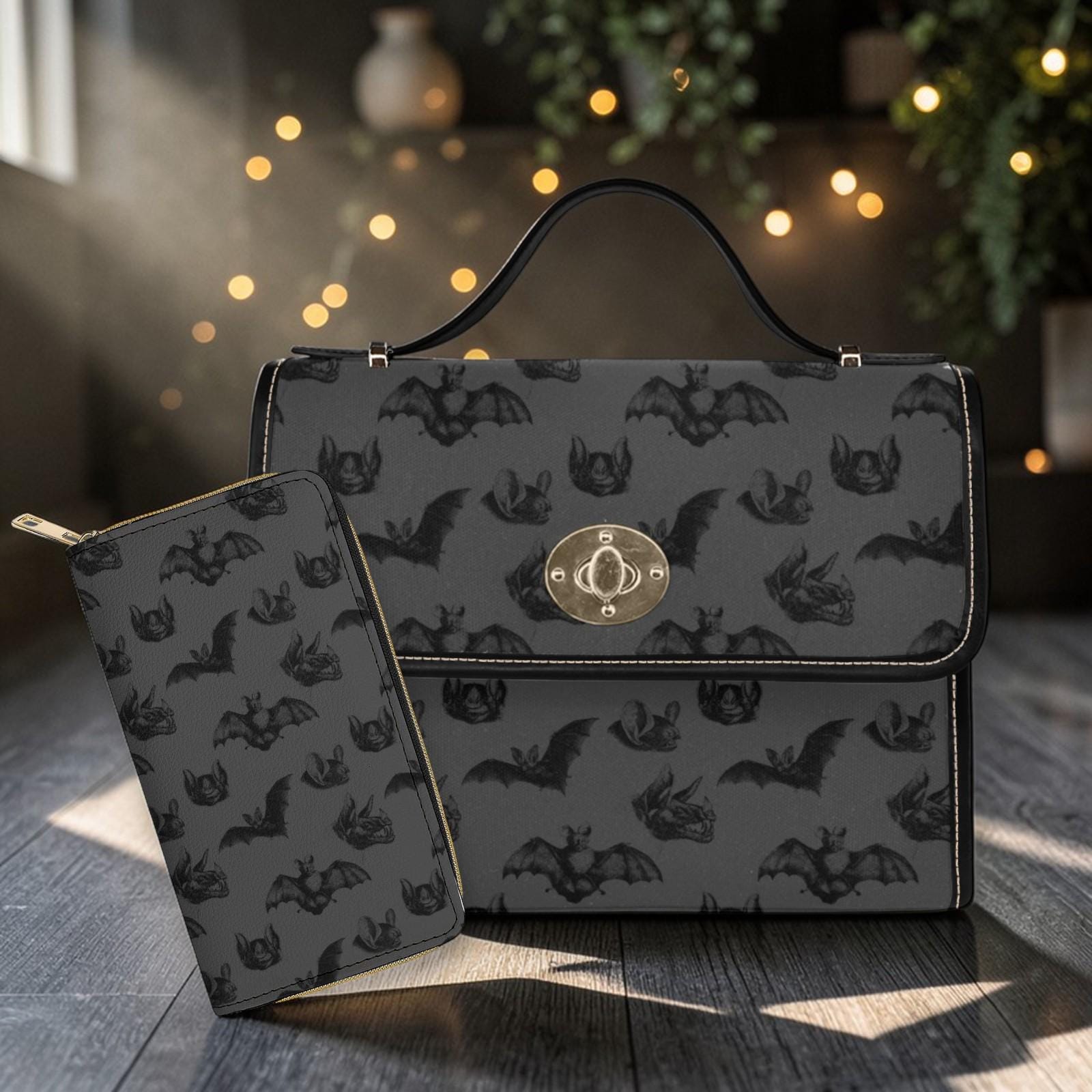 Black Bat Satchel Purse, Gothic Style Handbag, Dark Print Everyday Shoulder Bag, Halloween Accessory