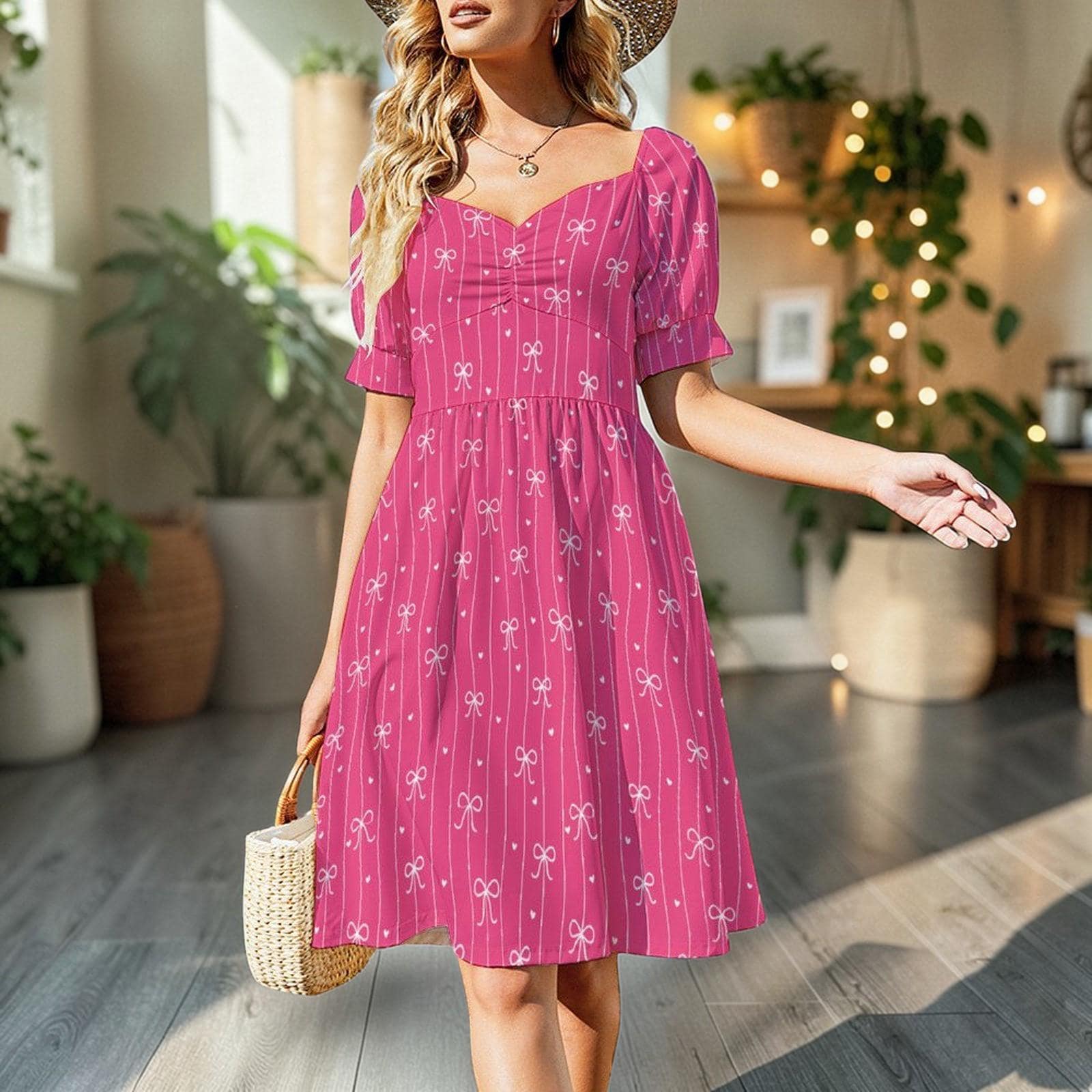 Pink Bow Dress, Bow Stripe Fit and Flare Dress, Feminine Date Night Outfit