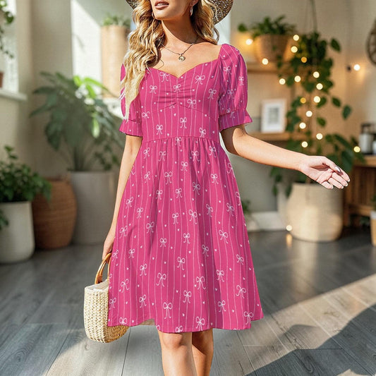 Pink Bow Dress, Bow Stripe Fit and Flare Dress, Feminine Date Night Outfit