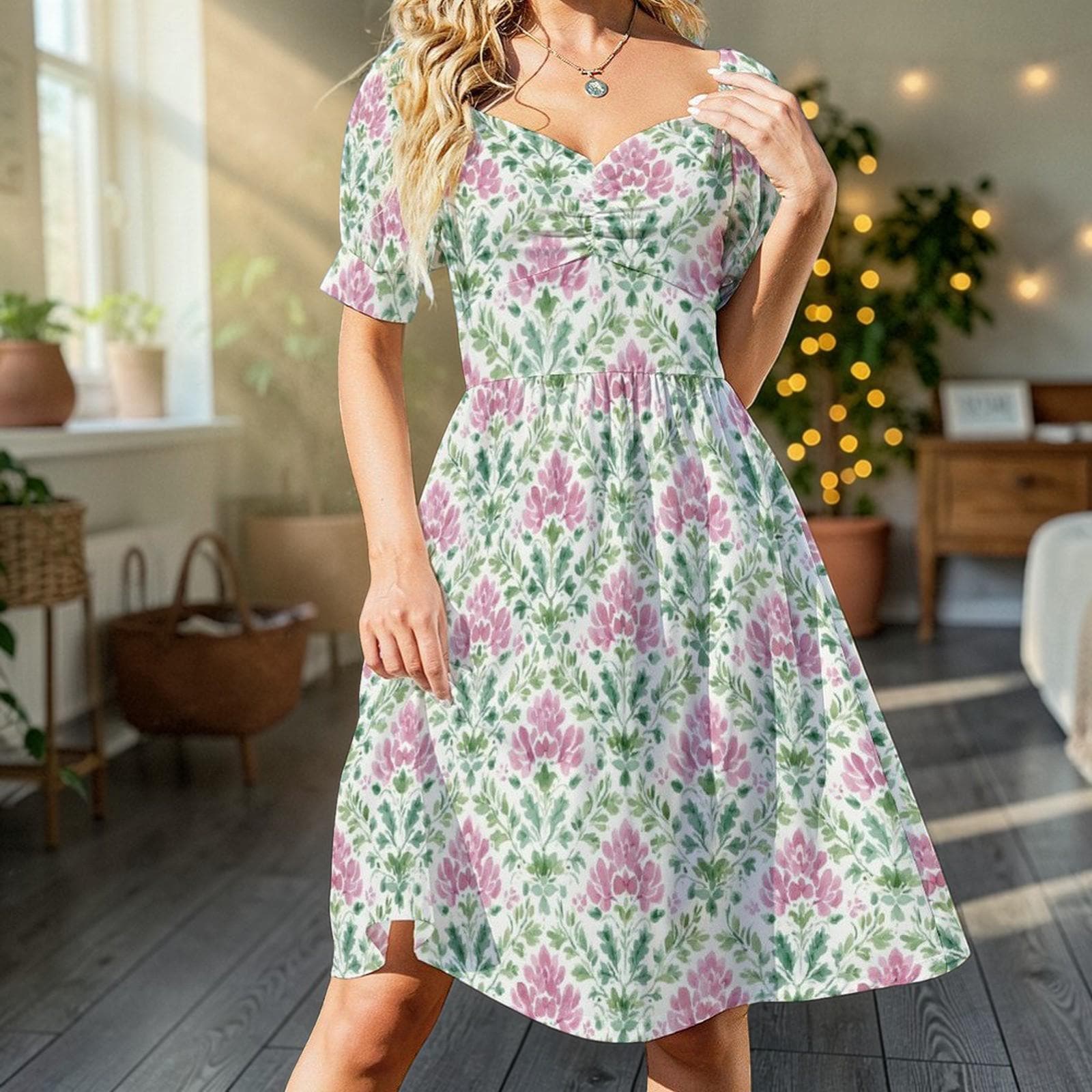 Boho Block Print Dress, Pink Green Prairie Sundress, Sweetheart Neck Summer Dress