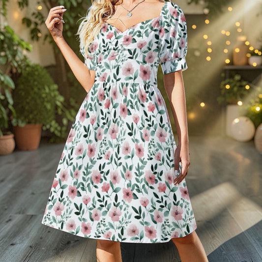 Floral Midi Dress, Cottagecore Puff Sleeve Dress, Pink Wildflower Garden Party Dress